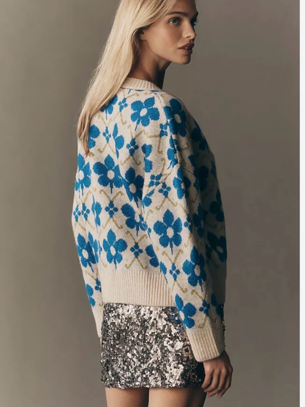 Anthropologie Maeve (NWOT) Blue floral pop intarsia Cardigan, women’s L - Picture 2 of 5